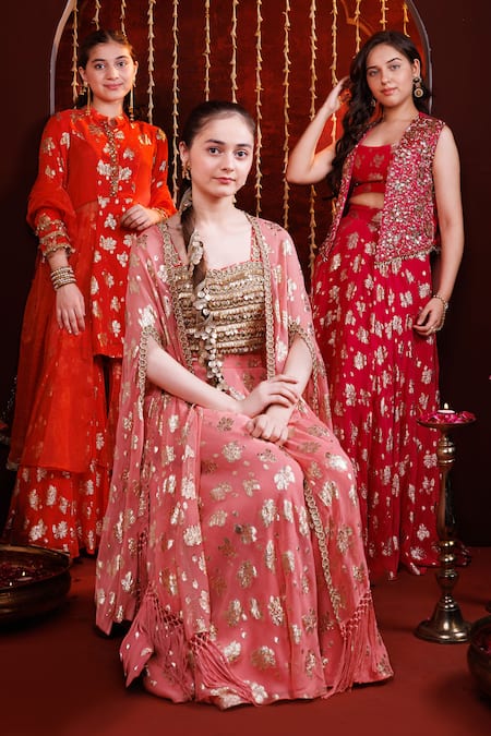 Hoity Moppet_Pink Georgette Foil Printing, Embroidery, Adaah Hand Work Jacket Lehenga Set _Online_at_Aza_Fashions