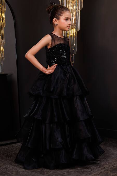 Hoity Moppet_Black Organza Sequins, Fabric Flowers Tiara Layered Gown _Online_at_Aza_Fashions