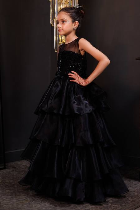 Buy_Hoity Moppet_Black Organza Sequins, Fabric Flowers Tiara Layered Gown _Online_at_Aza_Fashions