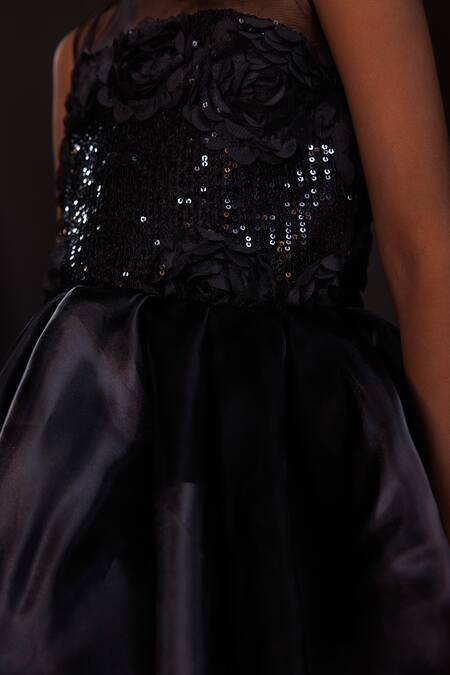 Hoity Moppet_Black Organza Sequins, Fabric Flowers Tiara Layered Gown _at_Aza_Fashions