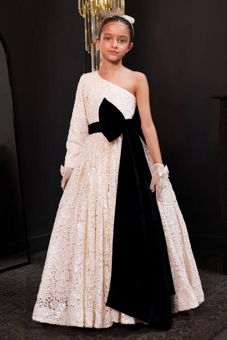 Buy Hoity Moppet Off White Net Embroidery, Sequins, Bows Affair One Shoulder Gown Online at Aza Fashions Buy_Hoity Moppet_Off White Net Embroidery, Sequins, Bows Affair One Shoulder Gown _Online_at_Aza_Fashions