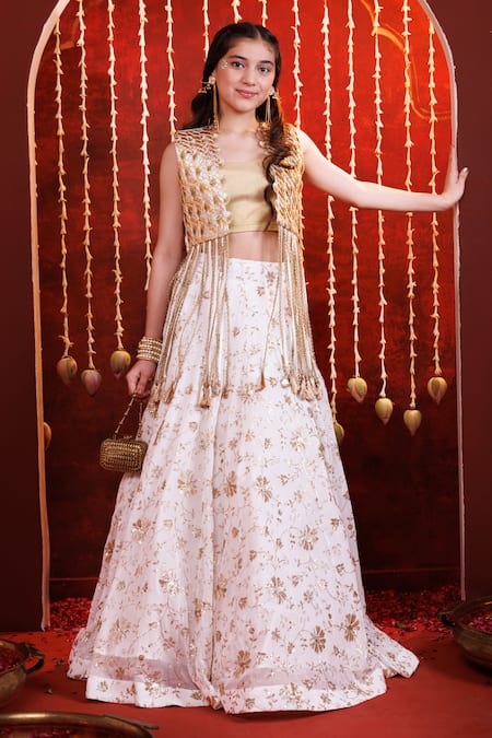 Hoity Moppet_White Georgette Embroidery, Sequins, Tassels Darpan Flower Lehenga Jacket Set _Online_at_Aza_Fashions