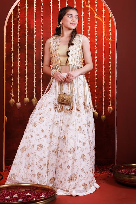 Shop_Hoity Moppet_White Georgette Embroidery, Sequins, Tassels Darpan Flower Lehenga Jacket Set _Online_at_Aza_Fashions