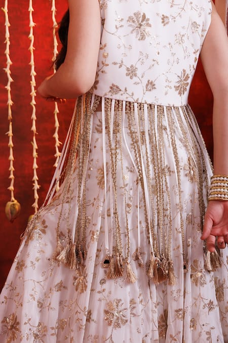 Hoity Moppet_White Georgette Embroidery, Sequins, Tassels Darpan Flower Lehenga Jacket Set _at_Aza_Fashions
