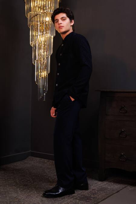 Hoity Moppet Blue Suiting, Crepe Dastaan Textured Coat And Pant Set Online at Aza Fashions Hoity Moppet_Blue Suiting, Crepe Dastaan Textured Coat And Pant Set _Online_at_Aza_Fashions