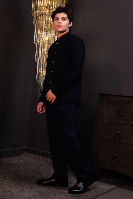 Buy Hoity Moppet Blue Suiting, Crepe Dastaan Textured Coat And Pant Set Online at Aza Fashions Buy_Hoity Moppet_Blue Suiting, Crepe Dastaan Textured Coat And Pant Set _Online_at_Aza_Fashions