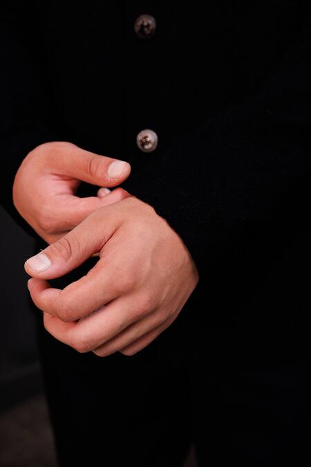 Shop Hoity Moppet Blue Suiting, Crepe Dastaan Textured Coat And Pant Set Online at Aza Fashions Shop_Hoity Moppet_Blue Suiting, Crepe Dastaan Textured Coat And Pant Set _Online_at_Aza_Fashions