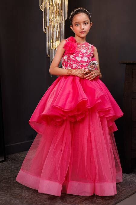 Shop Hoity Moppet Pink Organza, Tulle Pearls, Sequins, Fabric Fairy Floss 3d Layered Gown Online at Aza Fashions Shop_Hoity Moppet_Pink Organza, Tulle Pearls, Sequins, Fabric Fairy Floss 3d Layered Gown _Online_at_Aza_Fashions