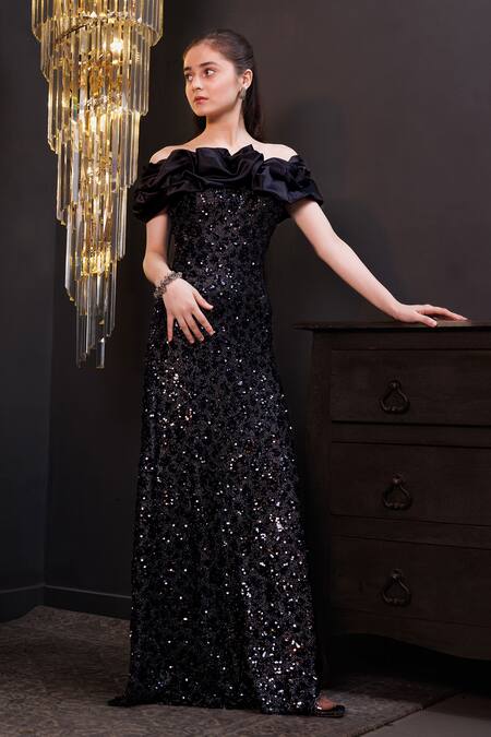 Hoity Moppet_Black Net, Organza Sequins, Ruffles Embroidered Gown _Online_at_Aza_Fashions