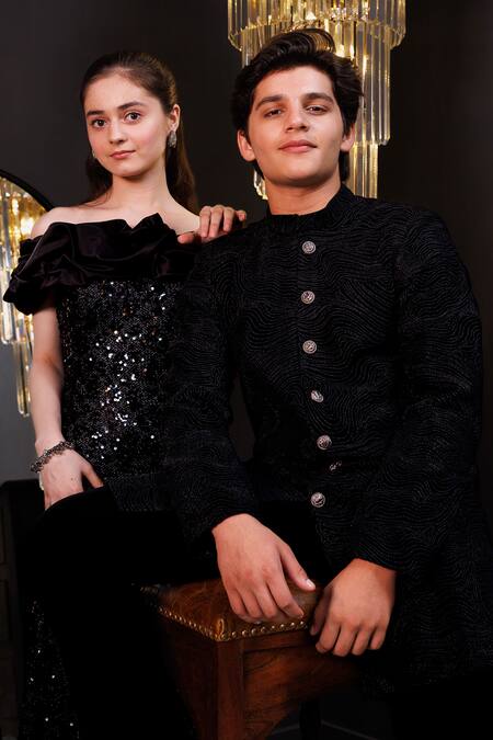 Shop_Hoity Moppet_Black Net, Organza Sequins, Ruffles Embroidered Gown _Online_at_Aza_Fashions