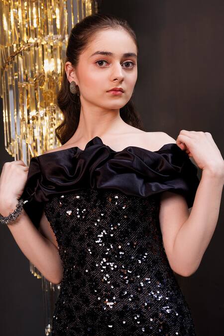 Hoity Moppet_Black Net, Organza Sequins, Ruffles Embroidered Gown _at_Aza_Fashions