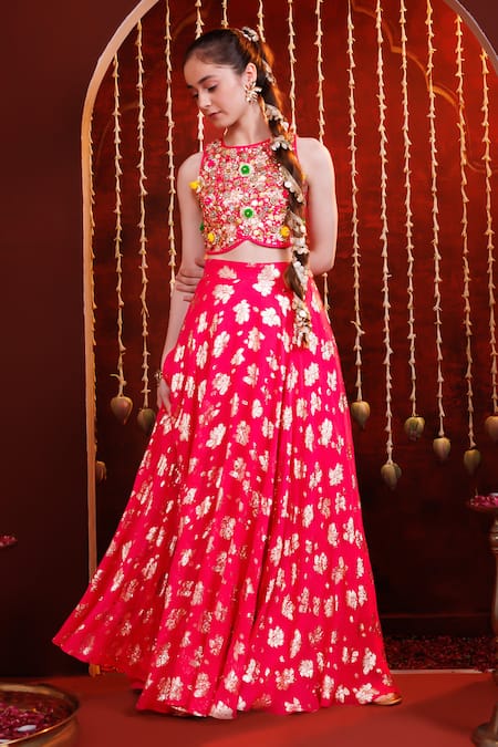 Hoity Moppet_Pink Georgette Foil Printing, Sequins, Gulzaar Lehenga And Embroidered Blouse Set _Online_at_Aza_Fashions