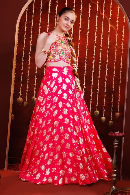 Buy_Hoity Moppet_Pink Georgette Foil Printing, Sequins, Gulzaar Lehenga And Embroidered Blouse Set _Online_at_Aza_Fashions
