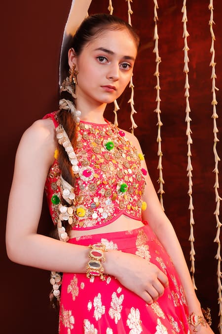 Buy_Hoity Moppet_Pink Georgette Foil Printing, Sequins, Gulzaar Lehenga And Embroidered Blouse Set 