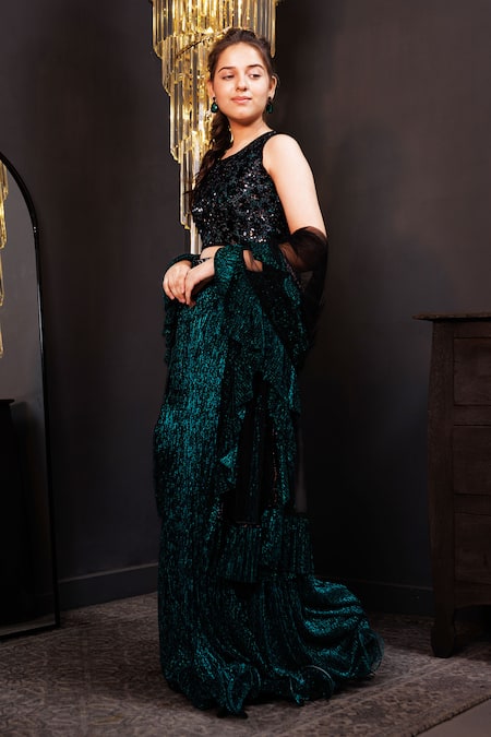 Hoity Moppet_Green Net Sequins Jade Jubilee Embroidered Blouse Lehenga Set _Online_at_Aza_Fashions