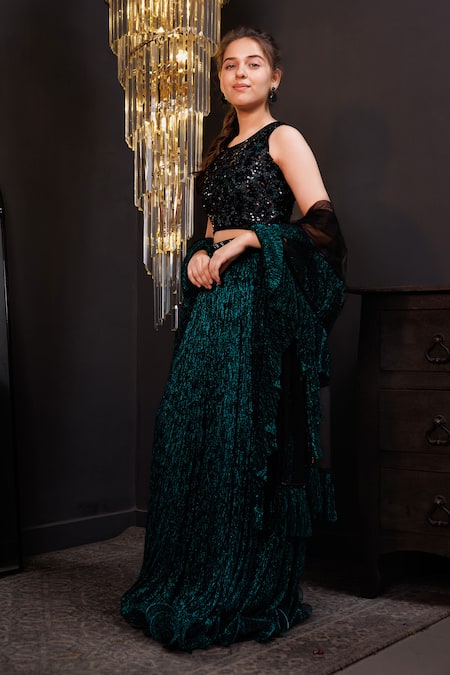 Buy_Hoity Moppet_Green Net Sequins Jade Jubilee Embroidered Blouse Lehenga Set _Online_at_Aza_Fashions