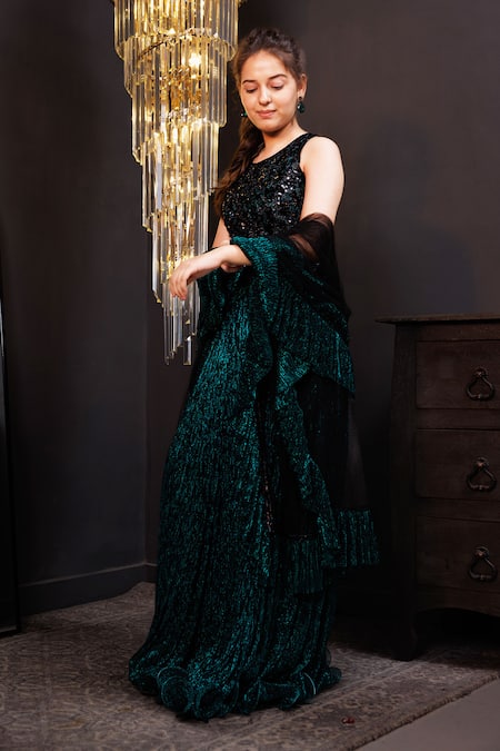 Shop_Hoity Moppet_Green Net Sequins Jade Jubilee Embroidered Blouse Lehenga Set _Online_at_Aza_Fashions