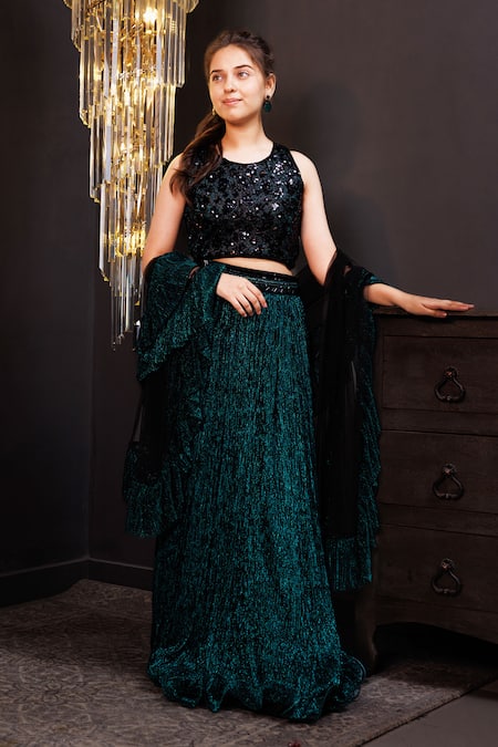 Hoity Moppet_Green Net Sequins Jade Jubilee Embroidered Blouse Lehenga Set _at_Aza_Fashions