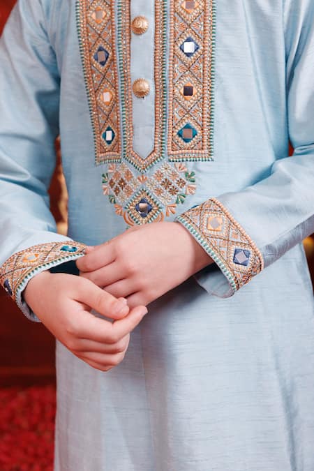 Hoity Moppet_Blue Silk Embroidery, Mirrors Khalibali Kurta Pyjama Set _Online_at_Aza_Fashions
