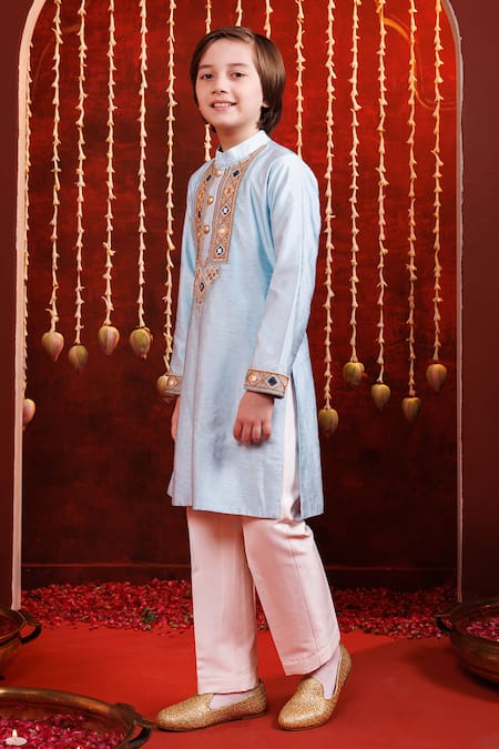 Buy_Hoity Moppet_Blue Silk Embroidery, Mirrors Khalibali Kurta Pyjama Set _Online_at_Aza_Fashions