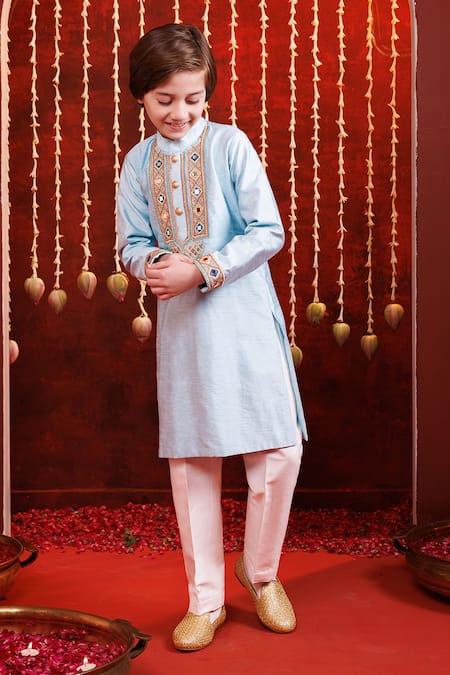 Shop_Hoity Moppet_Blue Silk Embroidery, Mirrors Khalibali Kurta Pyjama Set _Online_at_Aza_Fashions