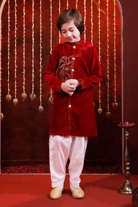 Buy_Hoity Moppet_Red Velvet, Cotton Embroidery, Studs Khushrang Lion Kurta Set _Online_at_Aza_Fashions