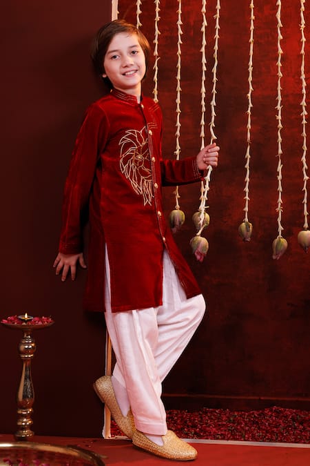 Hoity Moppet_Red Velvet, Cotton Embroidery, Studs Khushrang Lion Kurta Set _at_Aza_Fashions