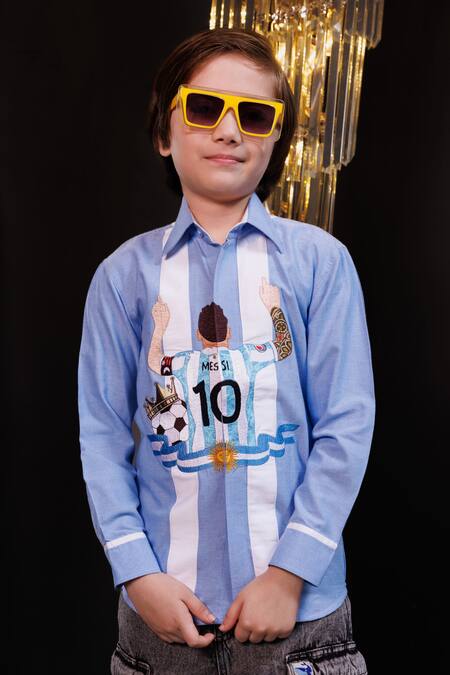 Hoity Moppet_Blue Cotton Embroidery Little Messi Shirt _Online_at_Aza_Fashions