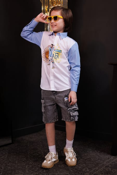 Hoity Moppet_White Cotton Embroidery Messi Mania Football Shirt _Online_at_Aza_Fashions