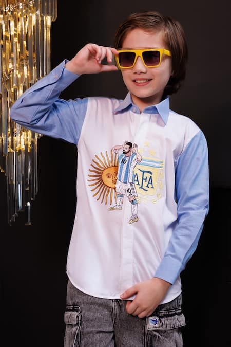 Buy_Hoity Moppet_White Cotton Embroidery Messi Mania Football Shirt _Online_at_Aza_Fashions