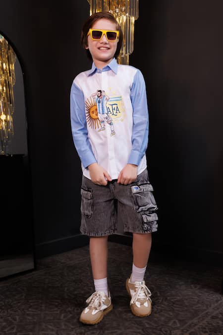 Shop_Hoity Moppet_White Cotton Embroidery Messi Mania Football Shirt _Online_at_Aza_Fashions