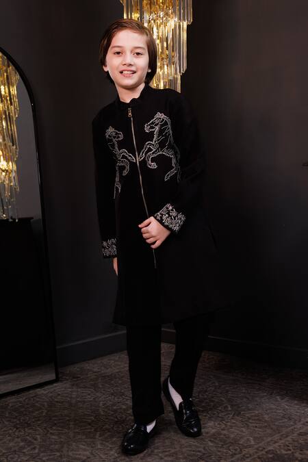 Hoity Moppet_Black Crepe Stones, Embroidery Mustang Swarovski Sherwani _Online_at_Aza_Fashions