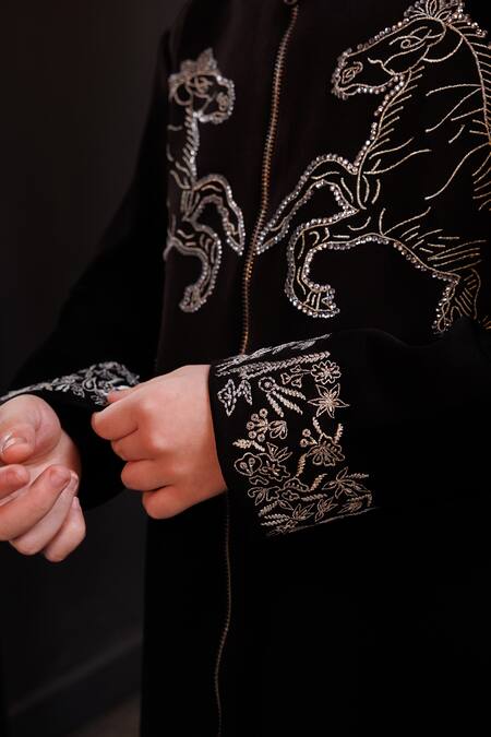 Shop_Hoity Moppet_Black Crepe Stones, Embroidery Mustang Swarovski Sherwani _Online_at_Aza_Fashions