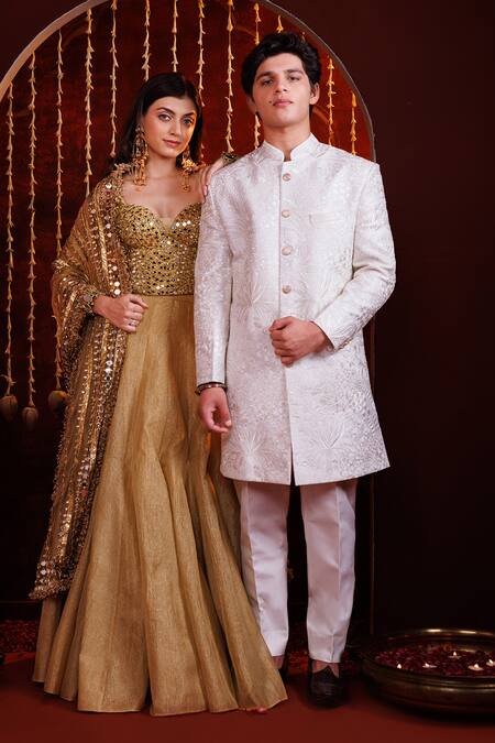 Buy_Hoity Moppet_White Silk Embroidery, Studs Nawab Edits Floral Self Sherwani Set _Online_at_Aza_Fashions