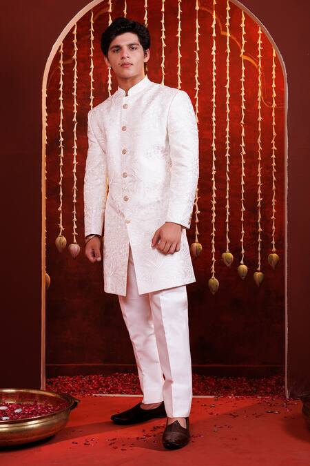 Shop_Hoity Moppet_White Silk Embroidery, Studs Nawab Edits Floral Self Sherwani Set _Online_at_Aza_Fashions
