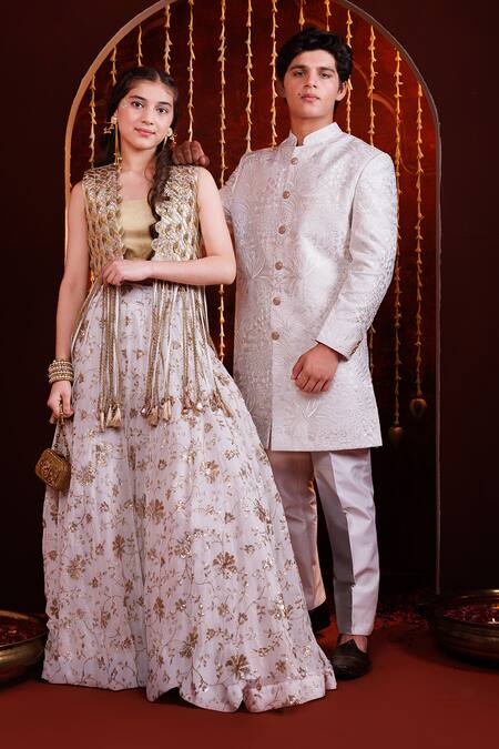 Hoity Moppet_White Silk Embroidery, Studs Nawab Edits Floral Self Sherwani Set _at_Aza_Fashions