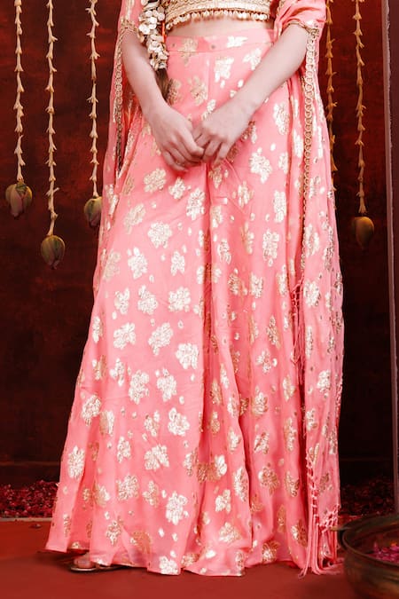 Hoity Moppet Peach Georgette Lace, Sequins, Foil Patakha Floral Motif Cape Sharara Set Online at Aza Fashions Hoity Moppet_Peach Georgette Lace, Sequins, Foil Patakha Floral Motif Cape Sharara Set _Online_at_Aza_Fashions