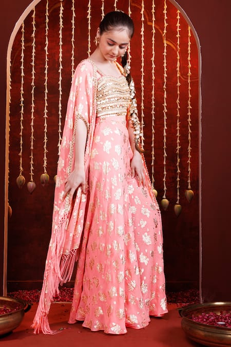 Shop Hoity Moppet Peach Georgette Lace, Sequins, Foil Patakha Floral Motif Cape Sharara Set Online at Aza Fashions Shop_Hoity Moppet_Peach Georgette Lace, Sequins, Foil Patakha Floral Motif Cape Sharara Set _Online_at_Aza_Fashions