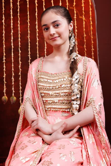 Hoity Moppet Peach Georgette Lace, Sequins, Foil Patakha Floral Motif Cape Sharara Set at Aza Fashions Hoity Moppet_Peach Georgette Lace, Sequins, Foil Patakha Floral Motif Cape Sharara Set _at_Aza_Fashions