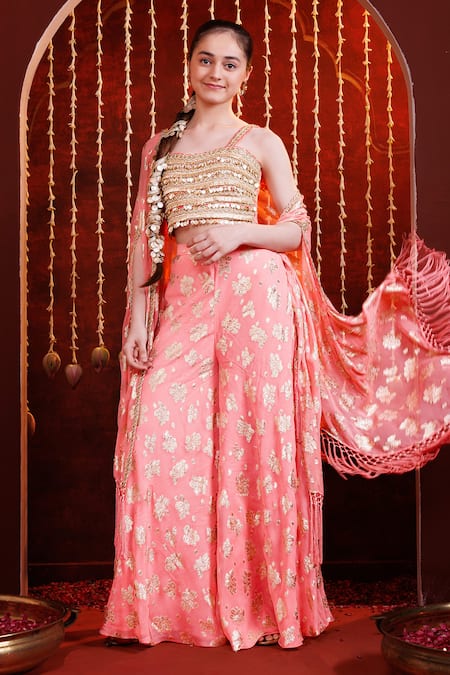 Hoity Moppet Peach Patakha Floral Motif Cape Sharara Set 