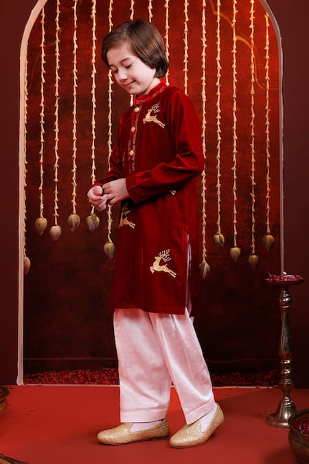 Shop_Hoity Moppet_Red Velvet Embroidery Reinred Kurta Set _Online_at_Aza_Fashions