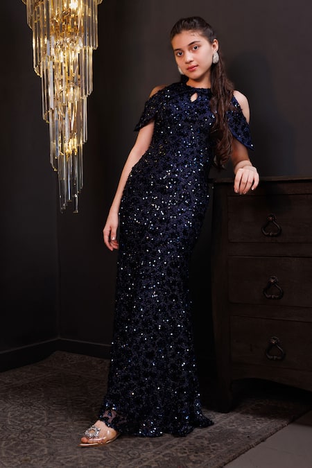 Hoity Moppet Blue Net Sequins, Embroidery Royal Sapphire Gown Online at Aza Fashions Hoity Moppet_Blue Net Sequins, Embroidery Royal Sapphire Gown _Online_at_Aza_Fashions