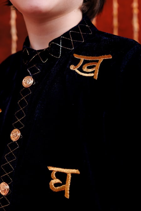 Hoity Moppet_Blue Velvet, Cotton Embroidery, Studs Sanskriti Kurta Set _Online_at_Aza_Fashions