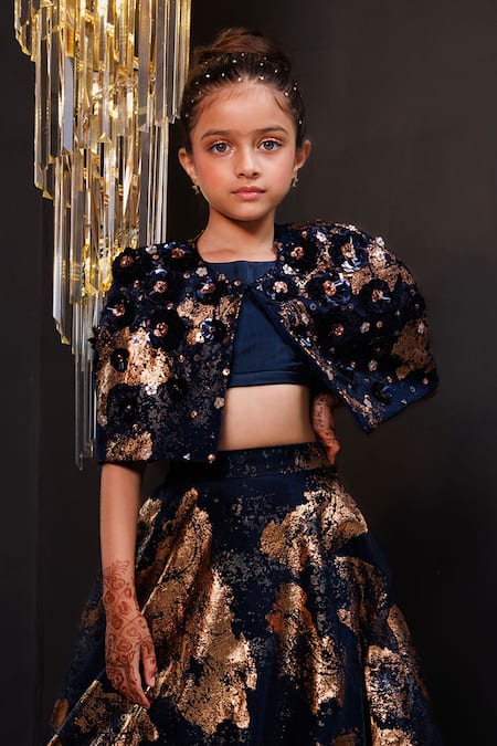 Hoity Moppet_Blue Organza Foil Printing Sapphire Flowe Motif Cape Lehenga Set _Online_at_Aza_Fashions