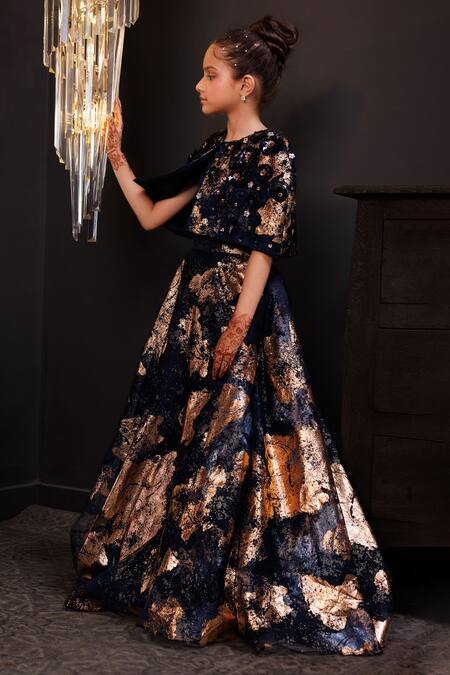 Shop_Hoity Moppet_Blue Organza Foil Printing Sapphire Flowe Motif Cape Lehenga Set _Online_at_Aza_Fashions