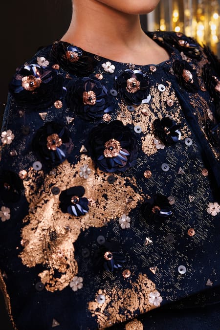 Hoity Moppet_Blue Organza Foil Printing Sapphire Flowe Motif Cape Lehenga Set _at_Aza_Fashions