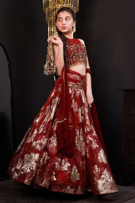 Shop Hoity Moppet Red Organza, Tulle Foil Printing, Scarletts Soiree Flower Motif Lehenga Set Online at Aza Fashions Shop_Hoity Moppet_Red Organza, Tulle Foil Printing, Scarletts Soiree Flower Motif Lehenga Set _Online_at_Aza_Fashions