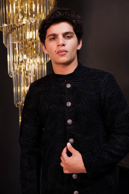 Shop Hoity Moppet Black Suiting, Crepe Embroidery, Studs Sultaan Sherwani And Pant Set Online at Aza Fashions Shop_Hoity Moppet_Black Suiting, Crepe Embroidery, Studs Sultaan Sherwani And Pant Set _Online_at_Aza_Fashions