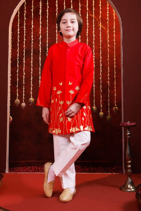 Shop_Hoity Moppet_Red Silk Embroidery Surkh Leather Floral Detailing Kurta Set _Online_at_Aza_Fashions