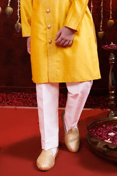 Hoity Moppet_Yellow Silk Embroidery, Studs Surya Kurta Set _Online_at_Aza_Fashions
